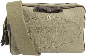 Prada Pre-owned Cross Body Bags, female, Beige, Size: ONE SIZE Pre-owned Logo Jacquard Canvas Shoulder Bag