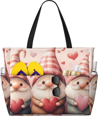 Generic Valentines Gnomes Print Large Beach Bag Foldable Travel Shoulder Tote Bag With Pocket For Weekender Pool Vacation