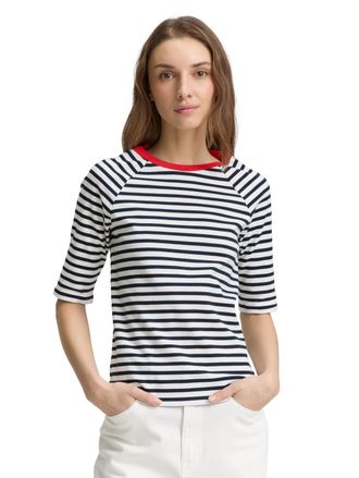 Tom Tailor Denim Rundhalsshirt TOM TAILOR DENIM, Damen, Gr. XS (34), blau (navy wei&szlig;), Jersey, Obermaterial: 100% Baumwolle, gestreift, regular fit h&uuml;ftlang, Rundhals,