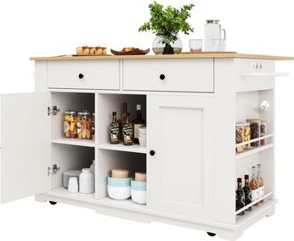 STILVORA Carro De Cocina Con 2 Cajones Y 6 Compartimentos, Enchufes Y Ala Abatible, En Mdf Y Metal, Blanco Y Natural