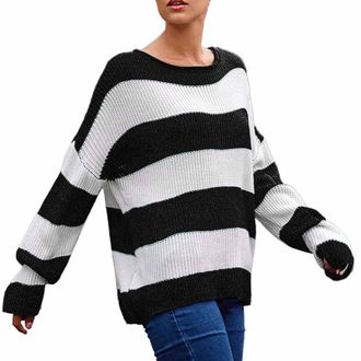 Generic Womens Striped Sweater Comfortable Everyday Wear Womens Autumn and Winter New Round Neck Stripe Contrast Knitted Sweater Jumper Womens (Black, L)