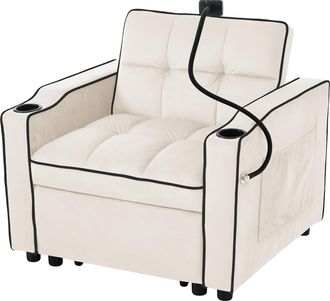 STILVORA Sill&oacute;n Cama Convertible 1 Plaza 3 En 1 Con Respaldo Reclinable, Portavasos Y Soporte M&oacute;vil En Terciopelo Beige