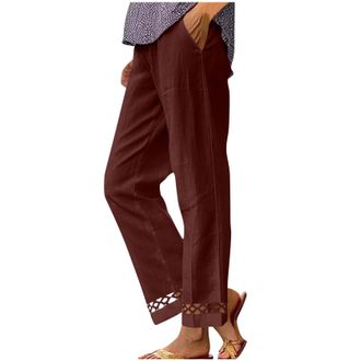 Generic Womens Summer Cotton Linen Wide Leg Straight Leg Pants Elasticated Waist Womens Cropped Trousers with Pockets Lightweight Loose Summer Trousers Solid 