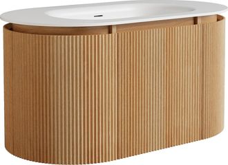 Vente-Unique Mueble de ba&ntilde;o suspendido estriado en madera de fresno con lavabo encastrado de resina blanco mate - Natural claro - An. 90 cm - LILIKO