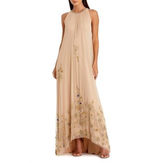 Mac Duggal High Neck Floral Embellished Trapeze Gown in Nude Gold at Nordstrom, Size 16