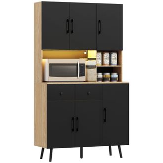 HOMCOM Tall Kitchen Cupboard with LED Lights and Adjustable Shelves - Oak and Black | TJ Hughes