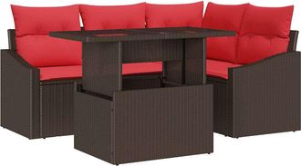 vidaXL Conjunto De Sof&aacute; De Jard&iacute;n 5 Uds. Marr&oacute;n Y Rojo Rat&aacute;n Sint&eacute;tico Vidaxl