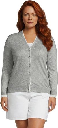 Lands End Plus Size Double Trim Cotton V-neck Cardigan Sweater in Gray Heather/white at Nordstrom, Size 2X