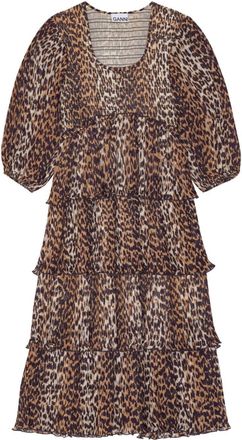 Ganni Ganni Womens Leopard Pleated Georgette Flounce Smock Midi Dress