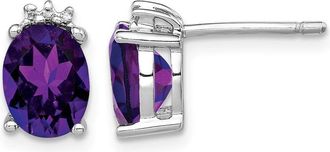 Diamond2Deal Sterling Silver Rhodium Plated Oval Amethyst and Diamond Stud Earrings
