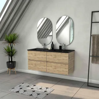 Aurlane Mueble De Ba&ntilde;o 120cm Con 4 Cajones Aspecto Roble Natural + Lavabo Negro Y Espejos Ovalados