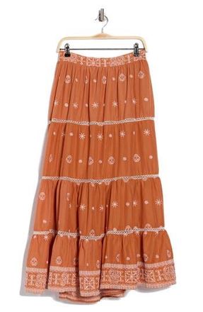 T Tahari Embroidered Tiered Cotton Skirt in Terracotta/White at Nordstrom Rack, Size X-Large