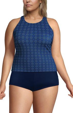Lands End Tugless High Neck Strappy Back Tankini Swimsuit Top in Navy Mosaic Mini Tile at Nordstrom, Size 16W