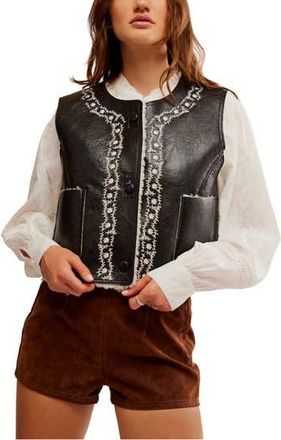 Free People Travelers Embroidered Crop Faux Leather Vest in Black at Nordstrom Rack, Size Small