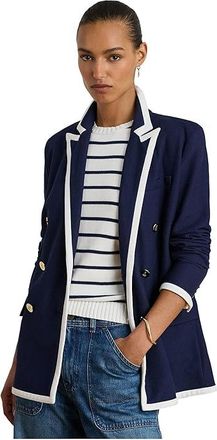 Lauren Ralph Lauren Two-Tone Double-Breasted Pique Blazer Womens Jacket Refined Navy/White : 10, Cotton/Elastane