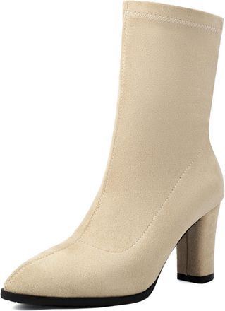 Generic Womens Mid-Calf Ankle Boots Suede-Like Fabric Pointed Toe Block Heels Elastic Cuff Design Stylish Footwear For Daily Wear Evening,Apricot,5.5 UK