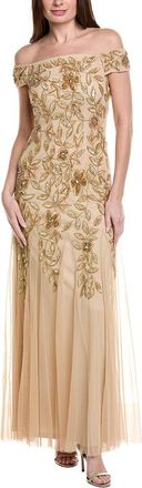 Adrianna Papell Off-Shoulder Floral Beaded Godet Gown
