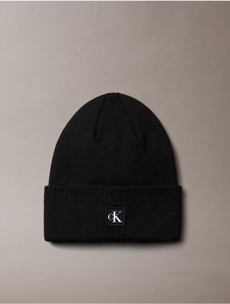 Calvin Klein Mens Monogram Embroidery Cuff Beanie - Black