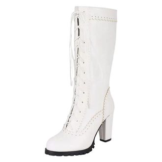 Generic Womens Mid Calf Boots Round Toe Super High Chunky Heel Platform With Side Zipper And Front Lace-Up Detail