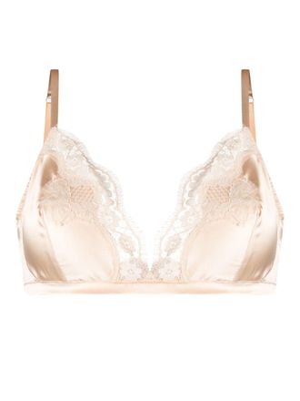 Dolce & Gabbana lace-appliqu&eacute; silk-blend triangle bra - Neutrals