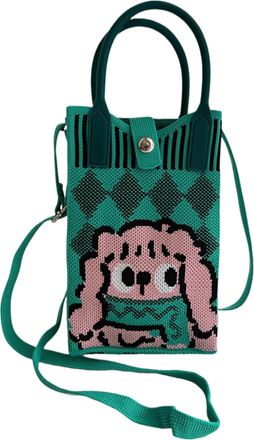 Generic Knitted Mobile Phone Crossbody Bag with Magnetic Buckle, Polyester Fiber Vertical Square Shoulder Bag, 12x18cm with 110cm Strap, Cartoon Design (green