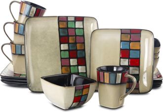 Elama Color Melange 16 Piece Multicolored Square Stoneware Dinnerware Set