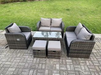 Fimous 7 Seater PE Rattan Garden Furniture Set Reclining Chair Love Sofa 2 Seater Sofa Set Outdoor Coffee Table in Dark Grey
